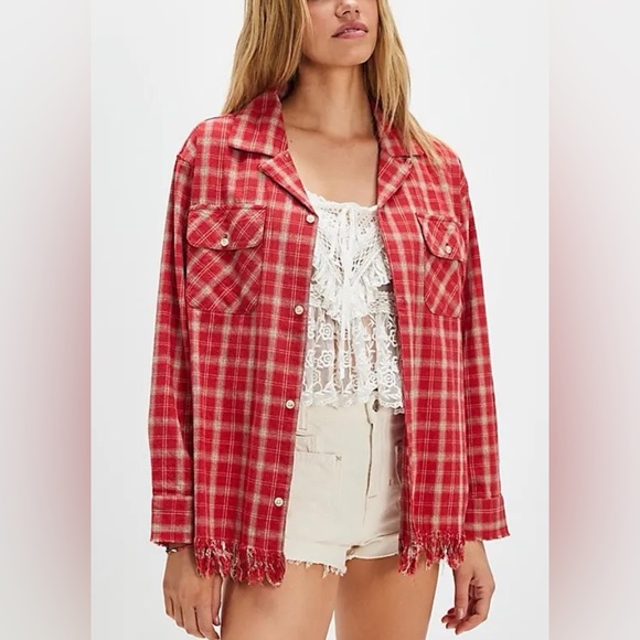 Free People Tops - Free People x Found Raw-Cut Fringe Plaid Camp Shirt